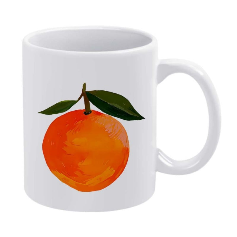 Tailorly White Ceramic 11 oz Mug - Vibrant Hand Painted Textured Ripe Fruit Featuring Green Leaves On An Orange