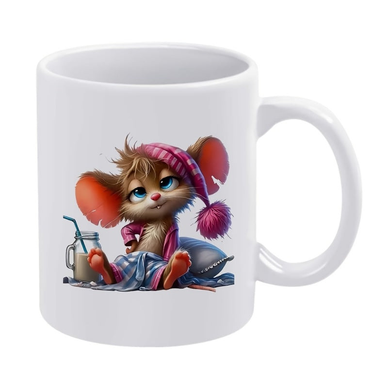 Tailorly White Ceramic 11 oz Mug - Tiny Adorable Rodent Wearing Pink Knit Hat Resting With Milk Mouse