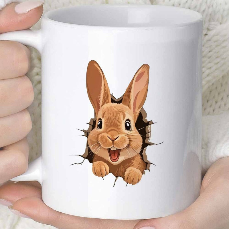 Tailorly White Ceramic 11 oz Mug - Adorable Smiling Brown Bunny Peeking Through A Dark Jagged Wall Rabbit