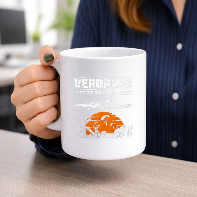 Tailorly White Ceramic 11 oz Mug - Verdant Where Adventure Meets Rustic Landscape With Paragliders Flying Under A Vibrant Orange Sunset