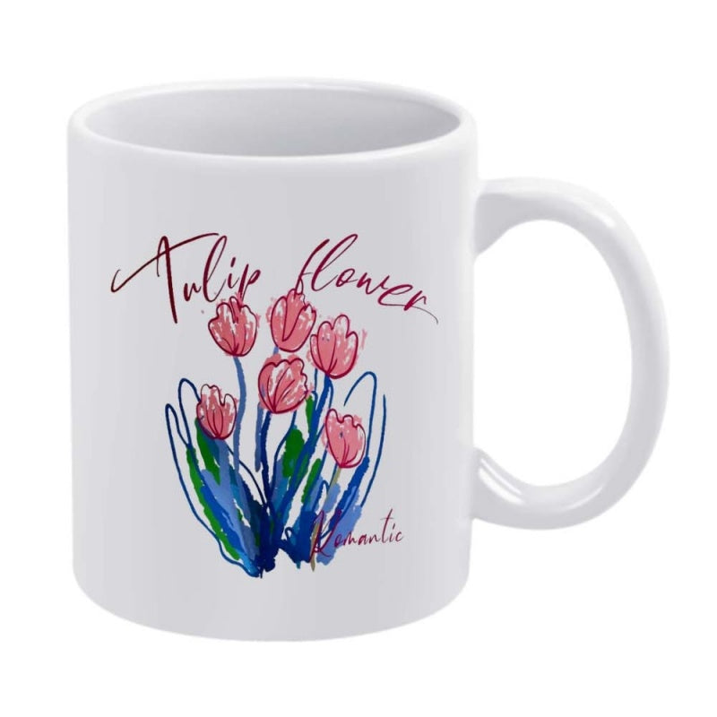 Tailorly White Ceramic 11 oz Mug - Tulip Flower Romantic Artistic Hand Drawn Pink Watercolor Tulips With Vibrant Blue Leaves Flower