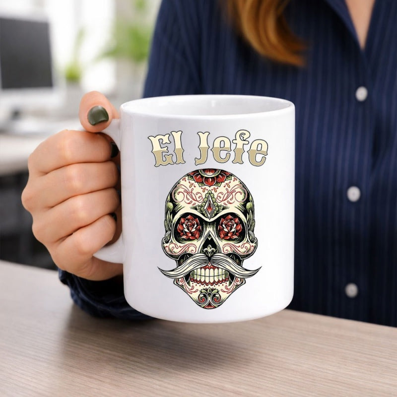 Tailorly White Ceramic 11 oz Mug - El Jefe Traditional Ornate Mexican Day Of The Dead Art Mustache Skull