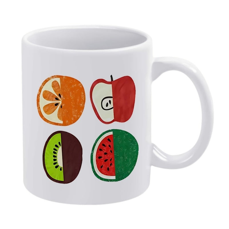 Tailorly White Ceramic 11 oz Mug - Minimalist Artistic Sliced Fruits Featuring Apple Orange Kiwi And Colorful Watermelon Fruit