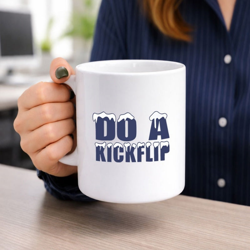Tailorly White Ceramic 11 oz Mug - Do A Kickflip Navy Blue Blocky Letters Covered With Melting White Winter Snow Mug
