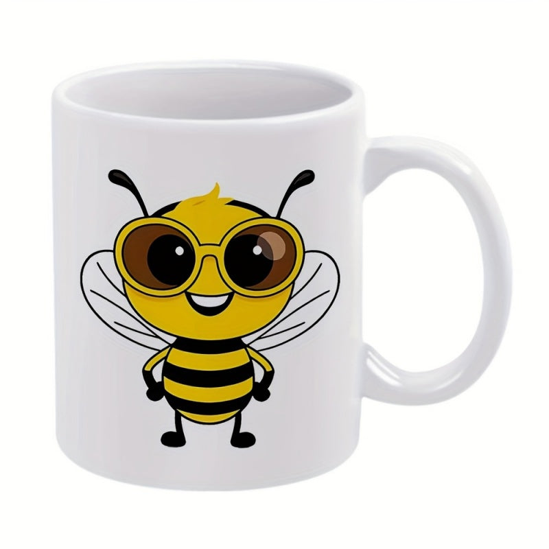 Tailorly White Ceramic 11 oz Mug - Adorable Cartoon Honey Bee Character Wearing Large Glasses Smiling Friendly Bee