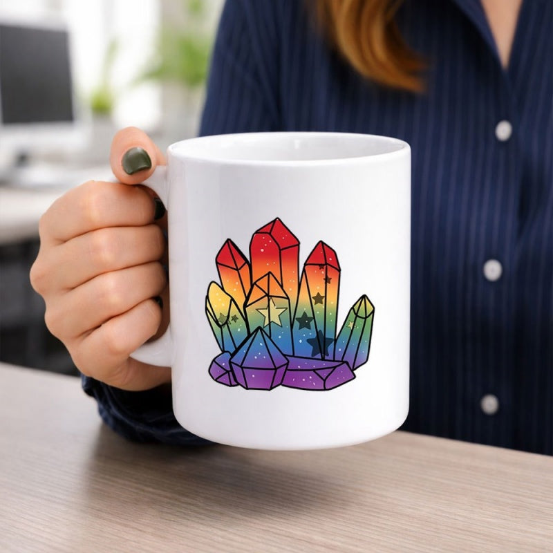 Tailorly White Ceramic 11 oz Mug - Colorful Rainbow Minerals With Shining Stars And Bold Black Outlines Crystal