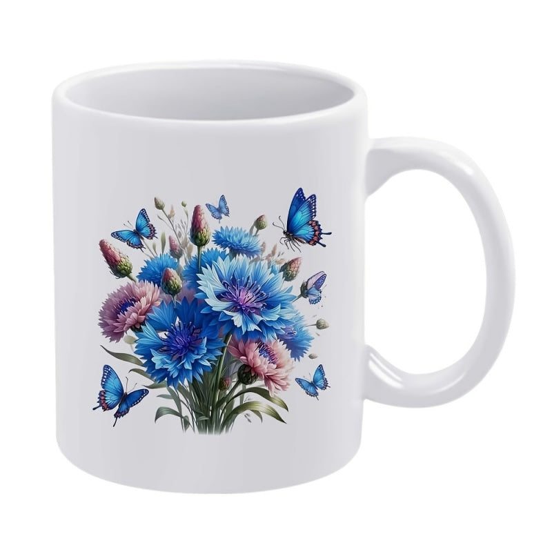 Tailorly White Ceramic 11 oz Mug - Vibrant Blue Cornflowers With Delicate Butterflies Dancing In Summer Garden Cornflower
