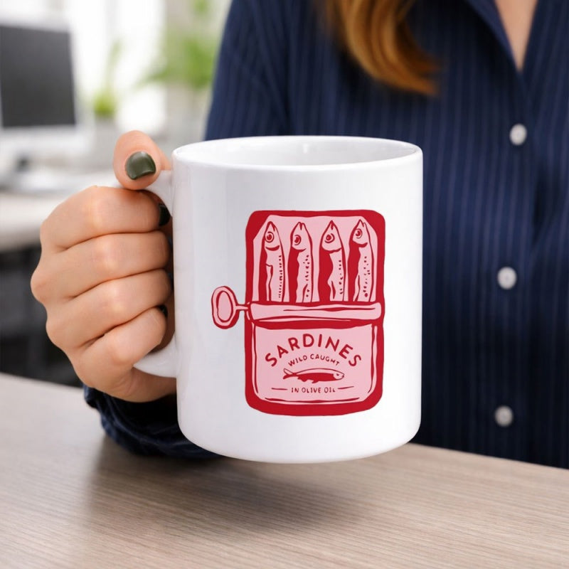 Tailorly White Ceramic 11 oz Mug - Sardines Hand Packed In Olive Oil Red Vintage Open Label Style Graphic Featuring Canned Little Fish Tin