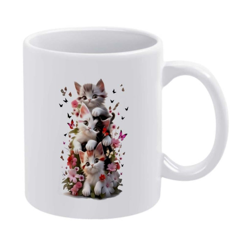 Tailorly White Ceramic 11 oz Mug - Three Adorable Stacked Kittens Surrounded By Pink Flowers And Butterflies Kitten