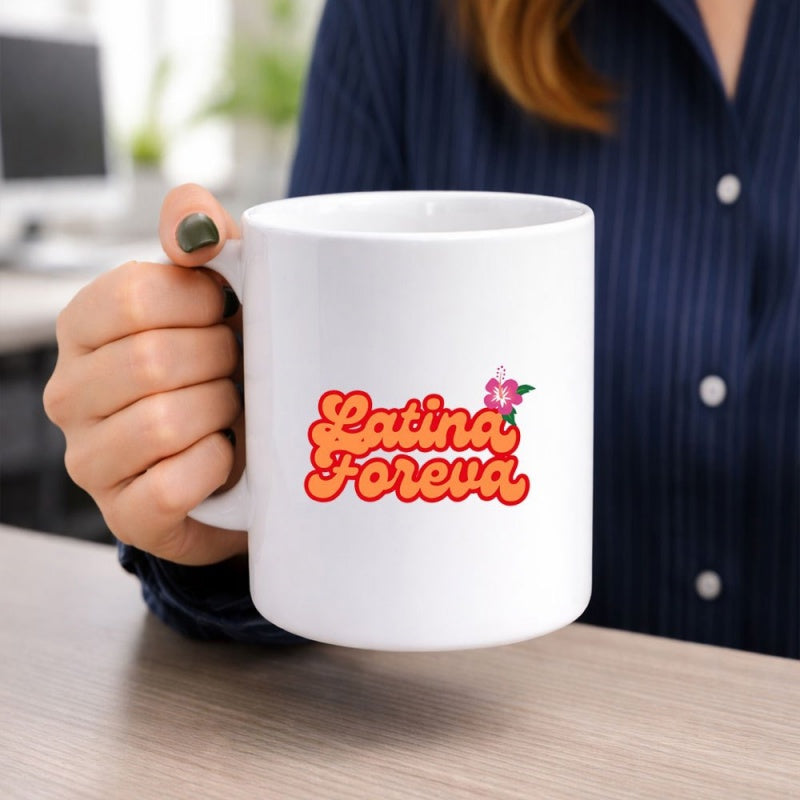 Tailorly White Ceramic 11 oz Mug - Latina Foreva Retro Bubble Styled Orange Script With Tropical Pink Hibiscus