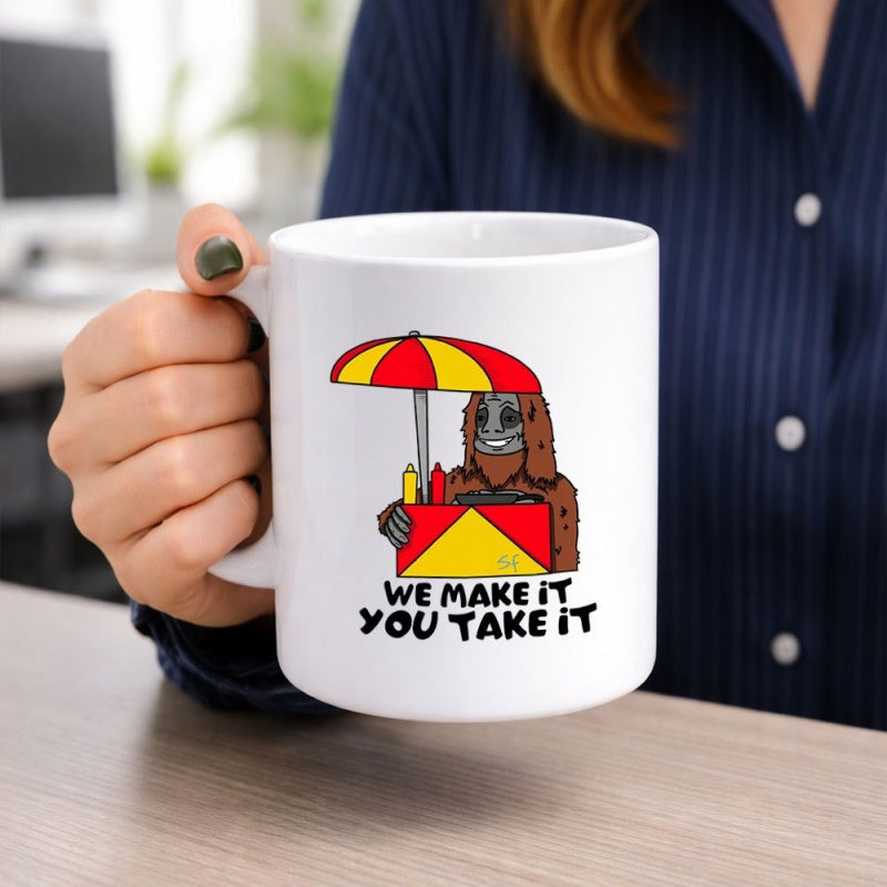 Tailorly White Ceramic 11 oz Mug - We Make It You Take It Cartoon Brown Hairy Creature Serving Fast Food Under Striped Umbrella Sasquatch