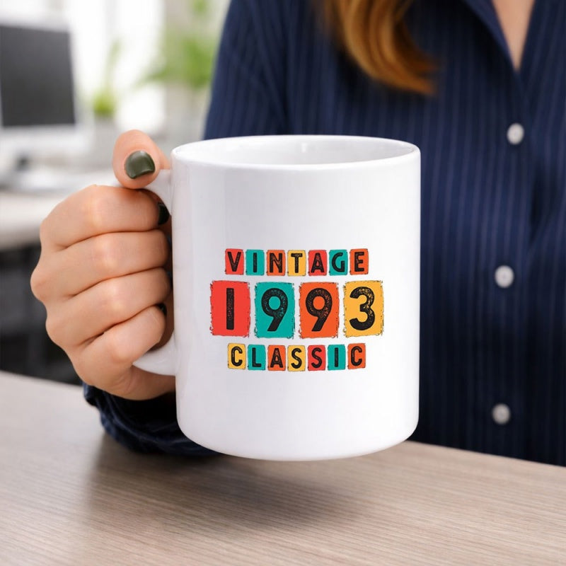 Tailorly White Ceramic 11 oz Mug - Vintage 1993 Classic Retro Colorful Squares Displaying A Milestone Birth Year Mug