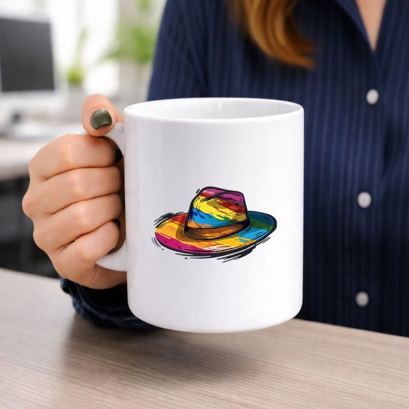 Tailorly White Ceramic 11 oz Mug - Vibrant Rainbow Colored Watercolor Style Wide Brimmed Stylish Summer Fedora Hat