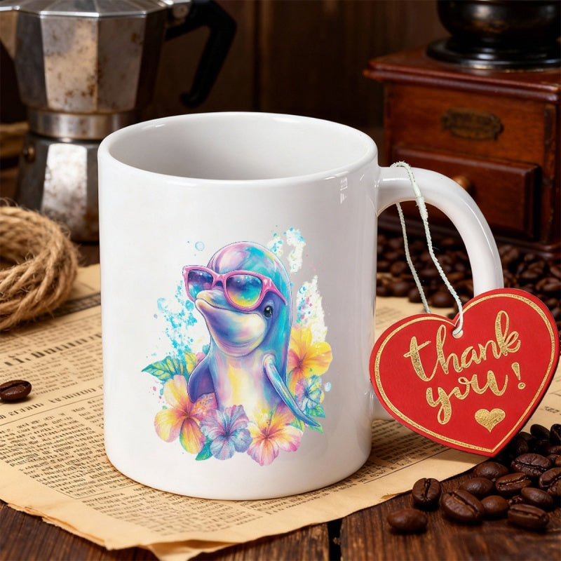 Tailorly White Ceramic 11 oz Mug - Thank You Colorful Watercolor Wearing Rainbow Sunglasses Among Vibrant Tropical Hibiscus Dolphin