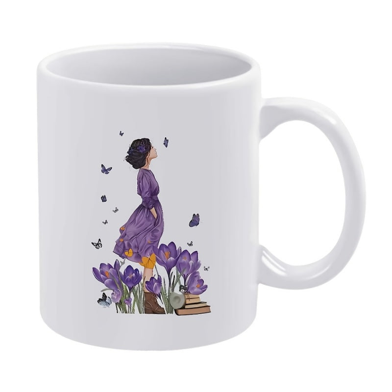 Tailorly White Ceramic 11 oz Mug - Peaceful Figure In Purple Dress Among Butterflies And Spring Crocus Girl