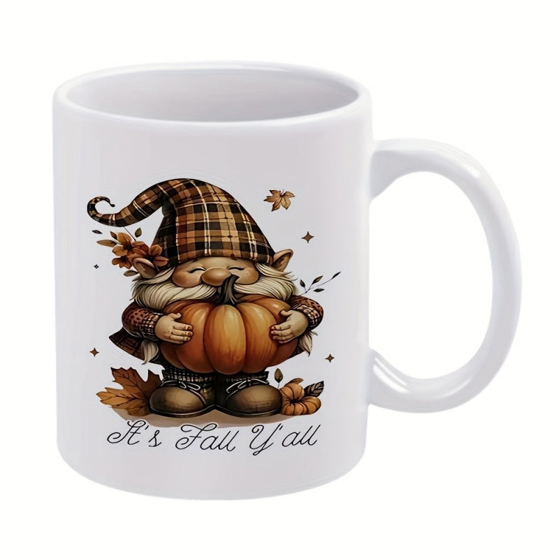 Tailorly White Ceramic 11 oz Mug - Its Fall Yall Whimsical Autumn Figure Holding A Large Orange Harvest Pumpkin Gnome