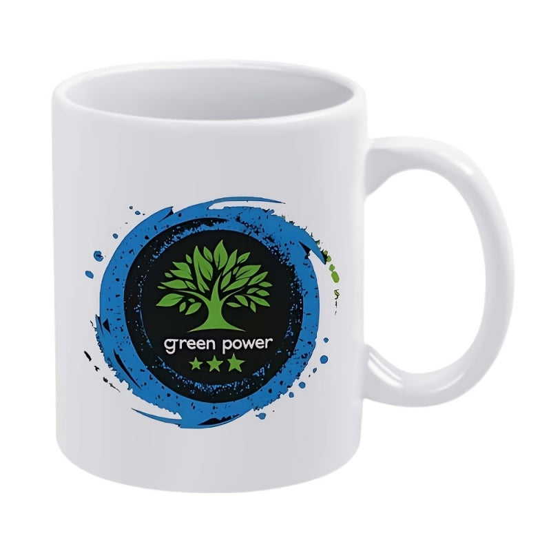 Tailorly White Ceramic 11 oz Mug - Green Power Artistic Blue Splatter Strokes Surrounding A Lush Foliage Tree