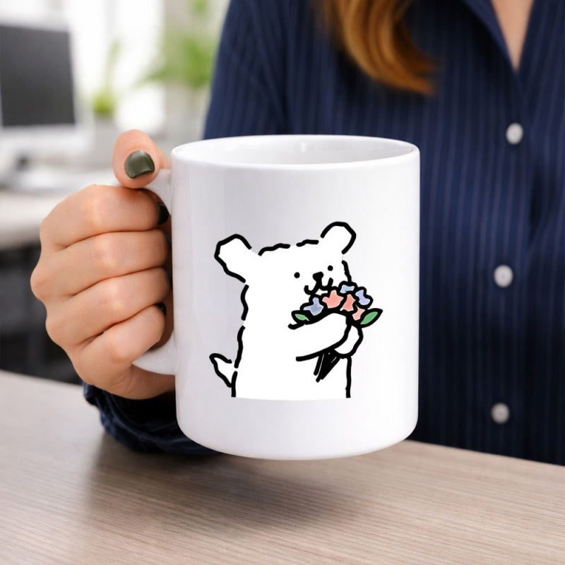 Tailorly White Ceramic 11 oz Mug - Minimalist Style Hand Drawn White Dog Holding Colorful Floral Bouquet Dog