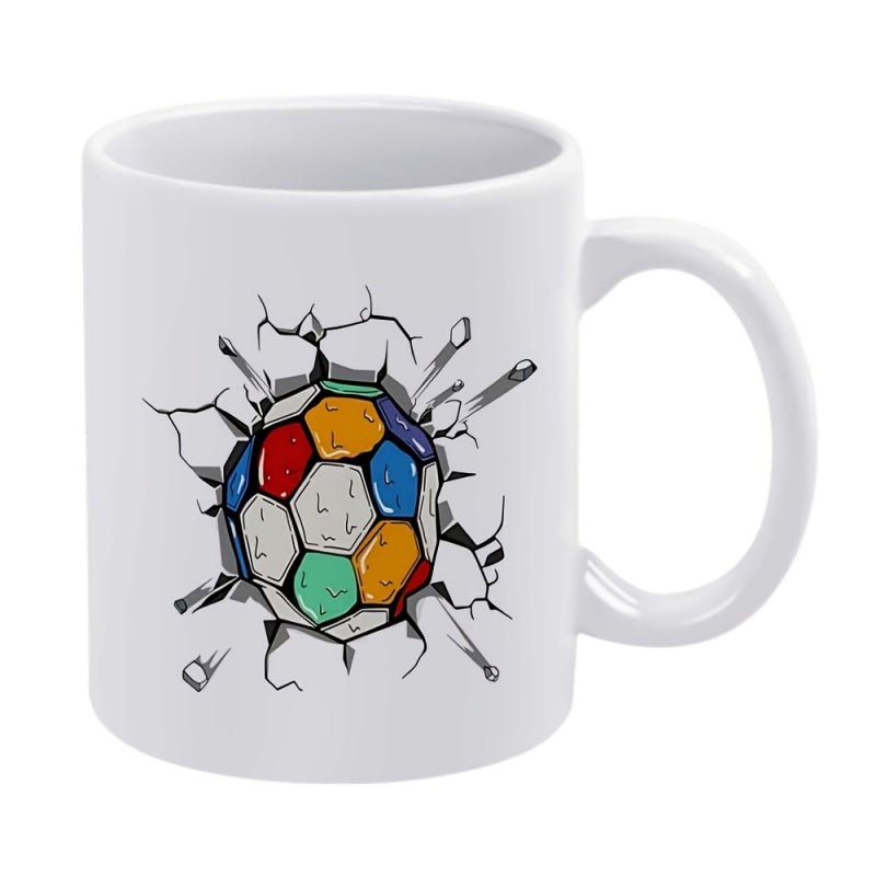 Tailorly White Ceramic 11 oz Mug - Colorful Vibrant Geometric Sports Graphic Breaking Through A Cracked Wall Soccer Ball