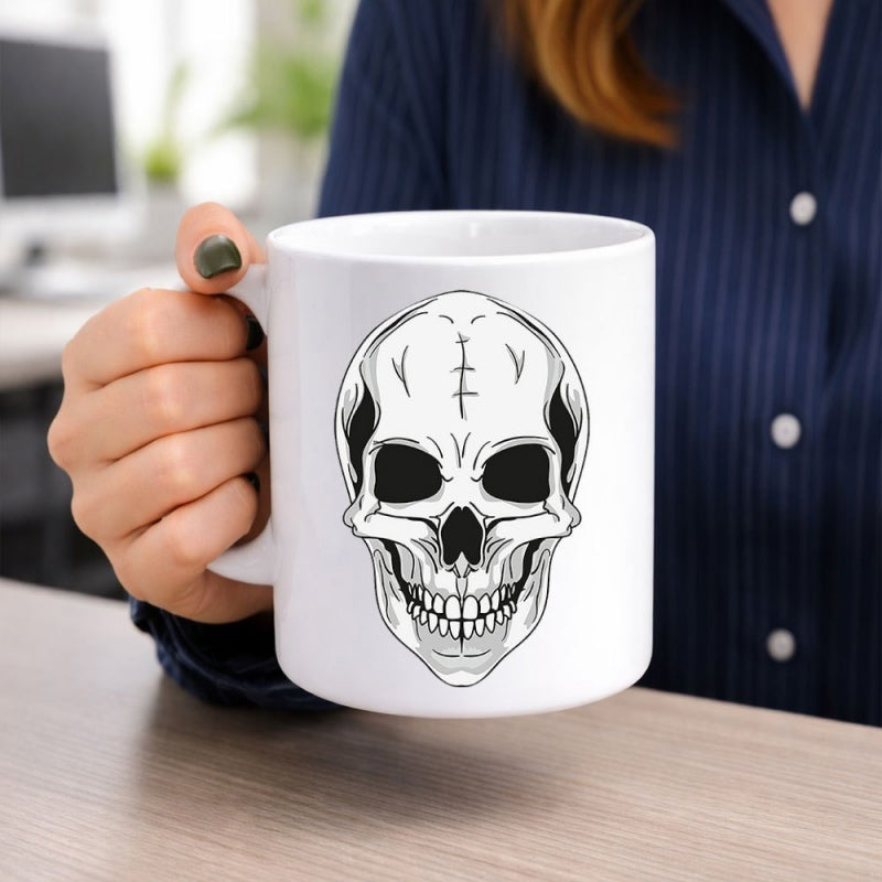 Tailorly White Ceramic 11 oz Mug - Detailed Line Art Minimalist Black And White Anatomical Gothic Style Skull