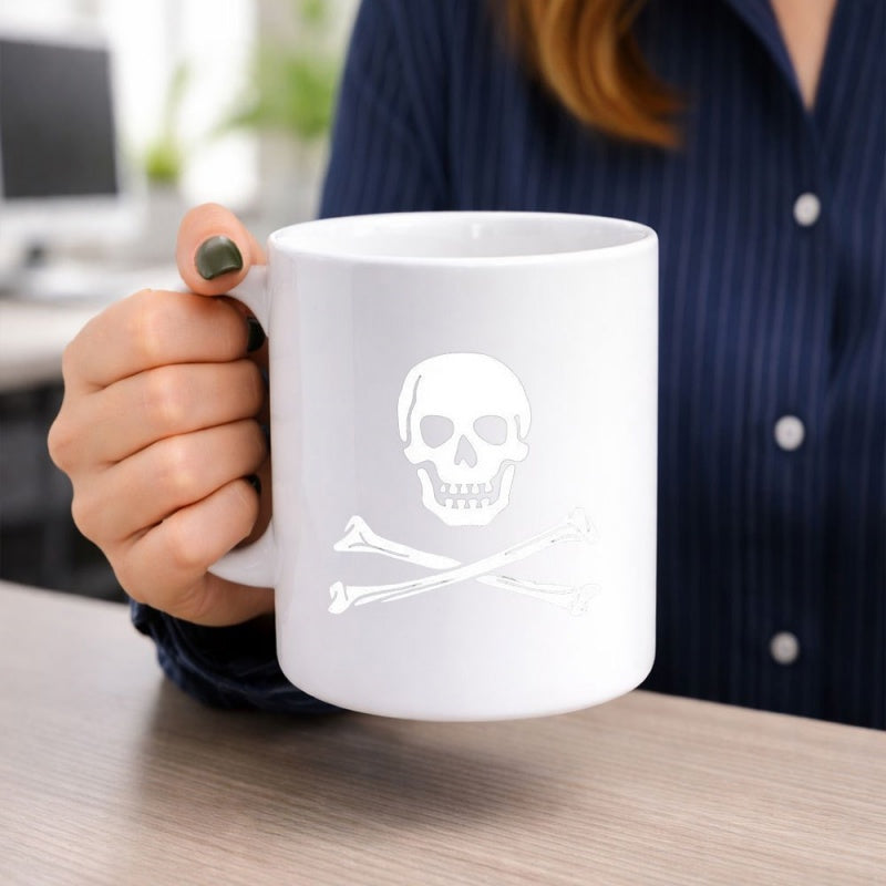 Tailorly White Ceramic 11 oz Mug - Minimalist White Pirate Style Design Featuring Crossbones On Ceramic Skull