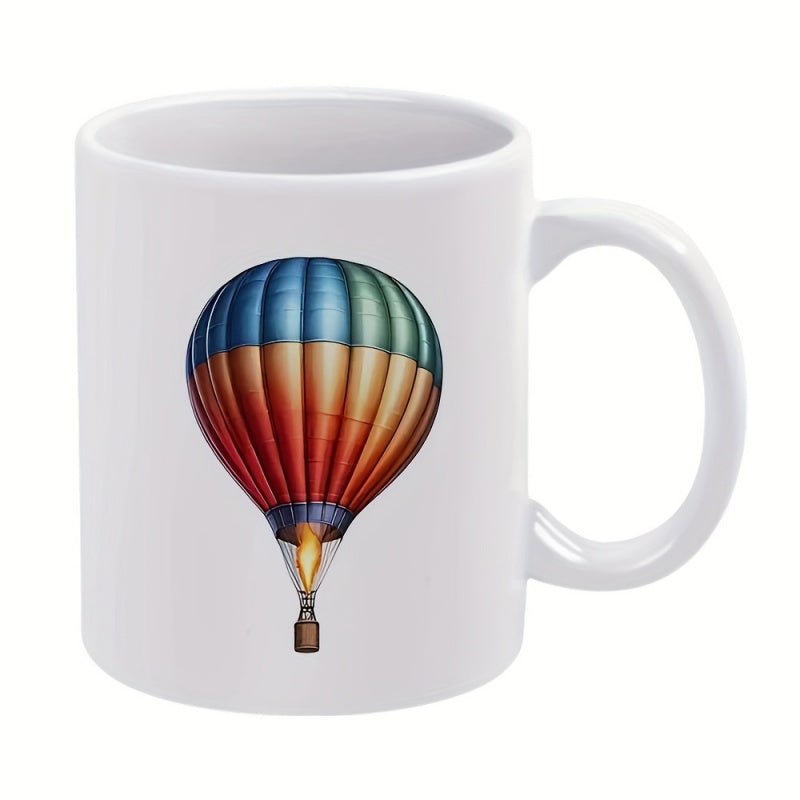 Tailorly White Ceramic 11 oz Mug - Vibrant Multicolored Stripes Floating Gracefully Through A Clear Infinite Sky Hot Air Balloon