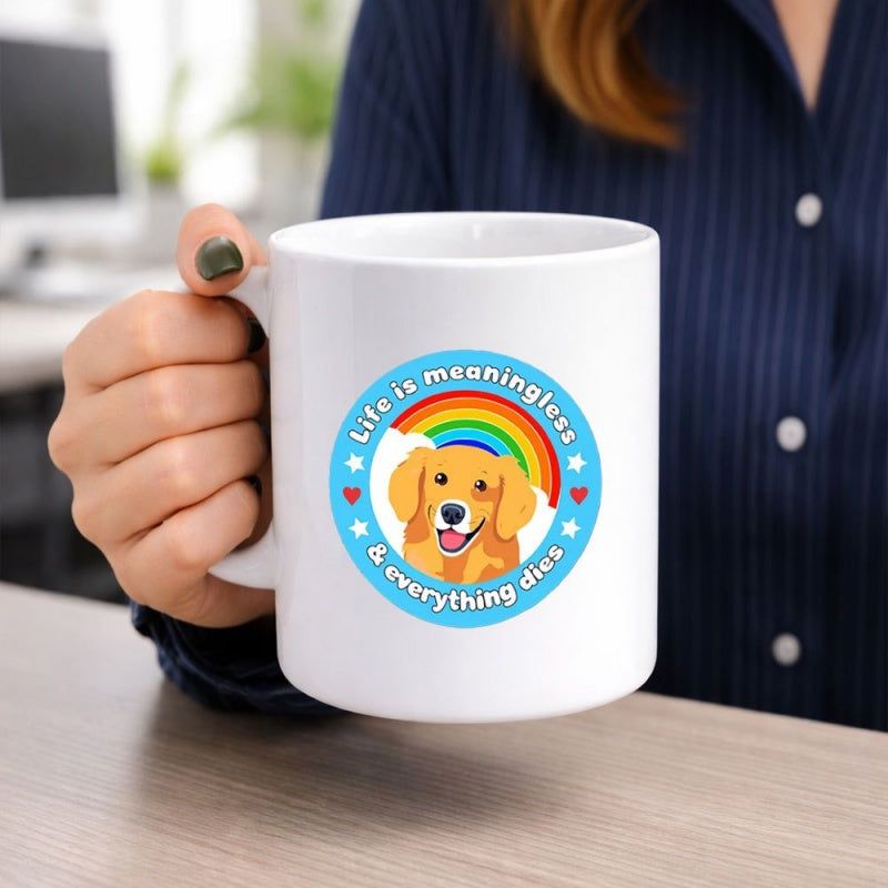 Tailorly White Ceramic 11 oz Mug - Life Is Meaningless And Everything Dies Smiling Golden Retriever Head Surrounded By Vibrant Rainbow And Stars Dog