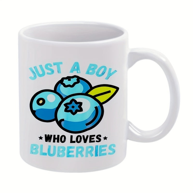 Tailorly White Ceramic 11 oz Mug - Just A Boy Who Loves Bluberries Three Cartoon Blue Fruits With A Small Green Leaf Blueberry