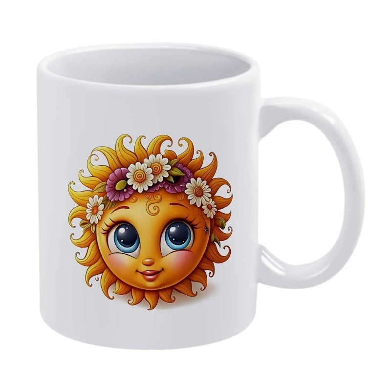Tailorly White Ceramic 11 oz Mug - Adorable Smiling Face With Floral Crown Under Golden Rays Sun