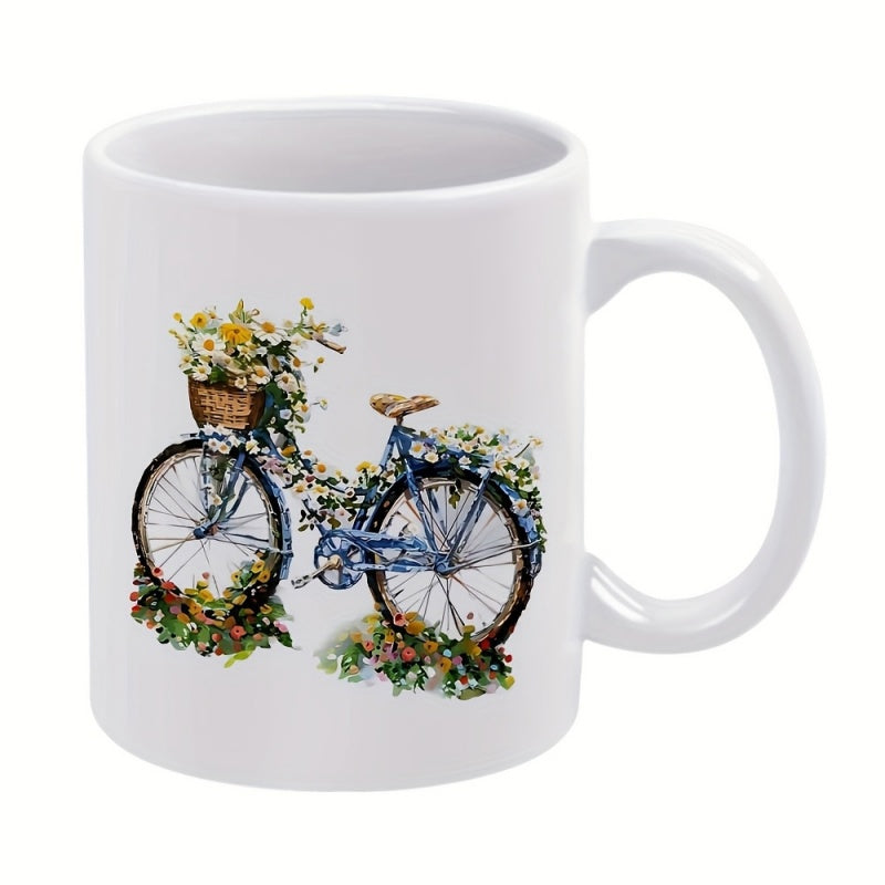Tailorly White Ceramic 11 oz Mug - Vintage Blue Frame Covered With Blooming White Daisies And Lush Greenery Bicycle