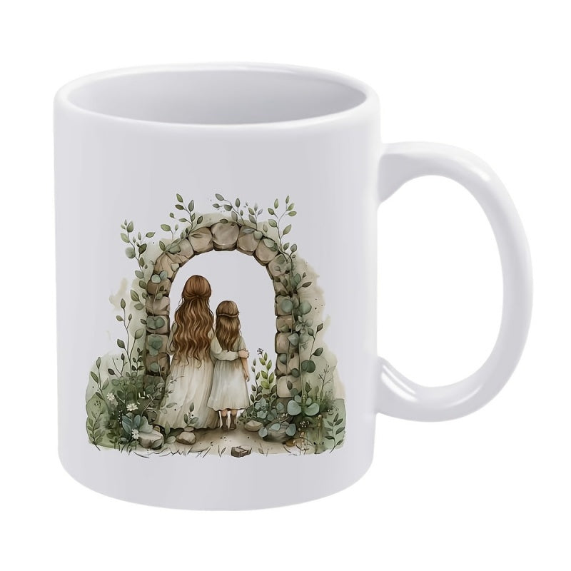 Tailorly White Ceramic 11 oz Mug - Watercolor Mother And Daughter Standing Together Beneath A Lush Greenery Stone Archway