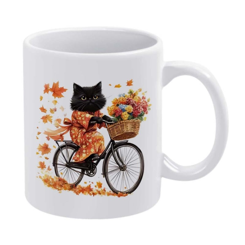 Tailorly White Ceramic 11 oz Mug - Adorable Black Cat Wearing Floral Dress Riding Bicycle With Autumn Leaves Cat