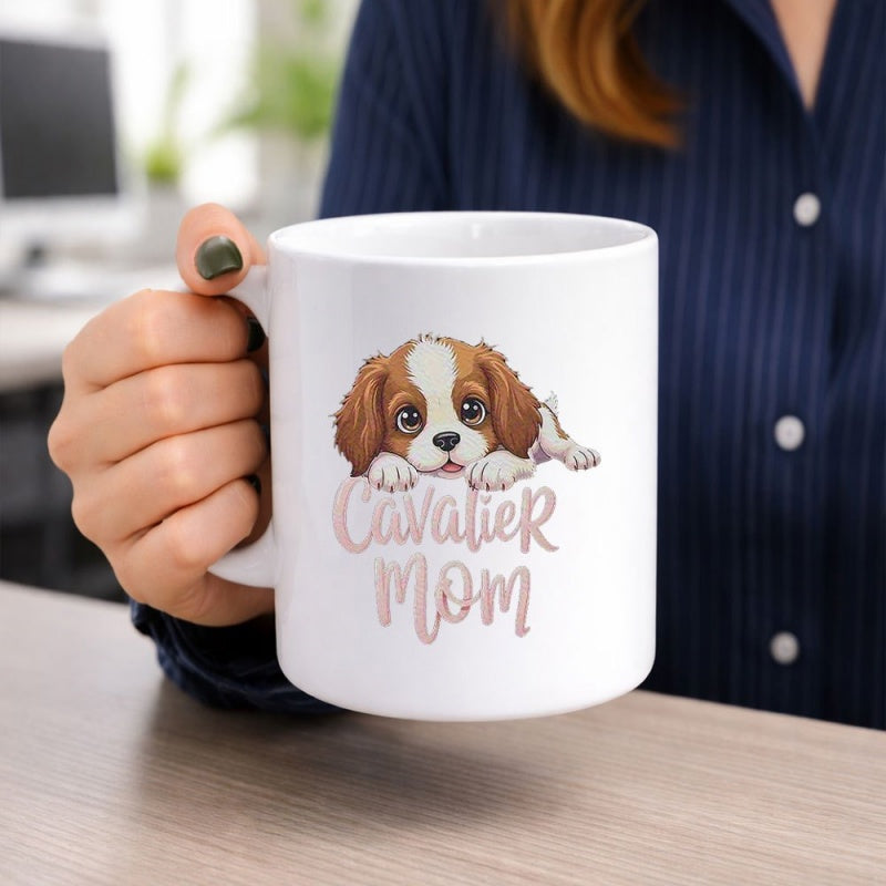 Tailorly White Ceramic 11 oz Mug - Cavalier Mom Adorable Puppy With Floppy Brown Ears Peering Over Text Dog