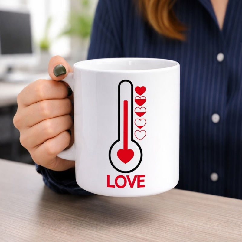 Tailorly White Ceramic 11 oz Mug - Love Creative Vertical Meter Scale Featuring Multiple Vibrant Red Hearts Thermometer