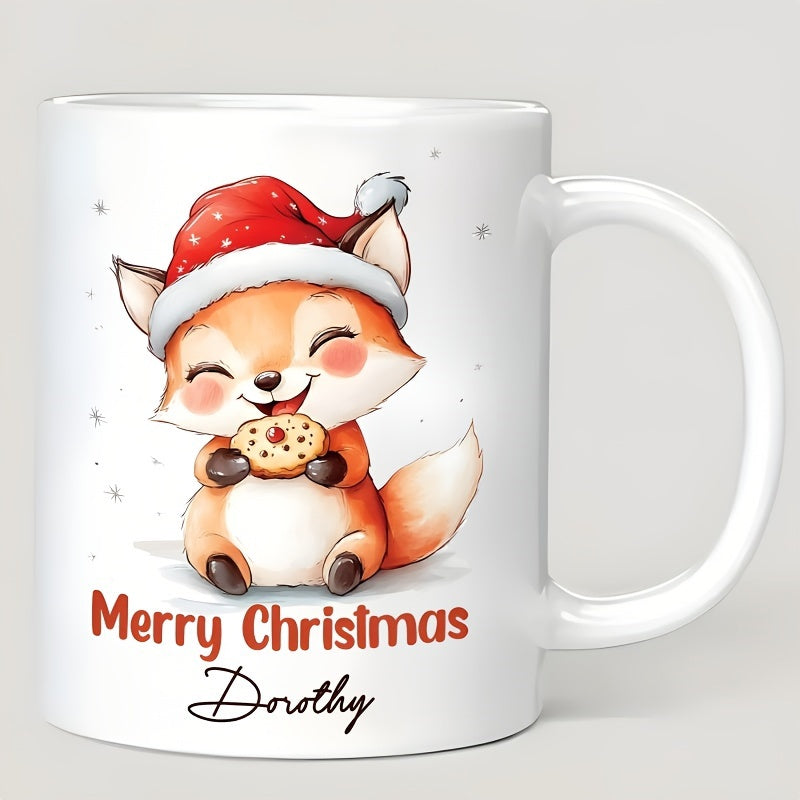 Tailorly White Ceramic 11 oz Mug - Merry Christmas Dorothy Adorable Little Red Fox Wearing Festive Santa Hat Eating Cookie Fox