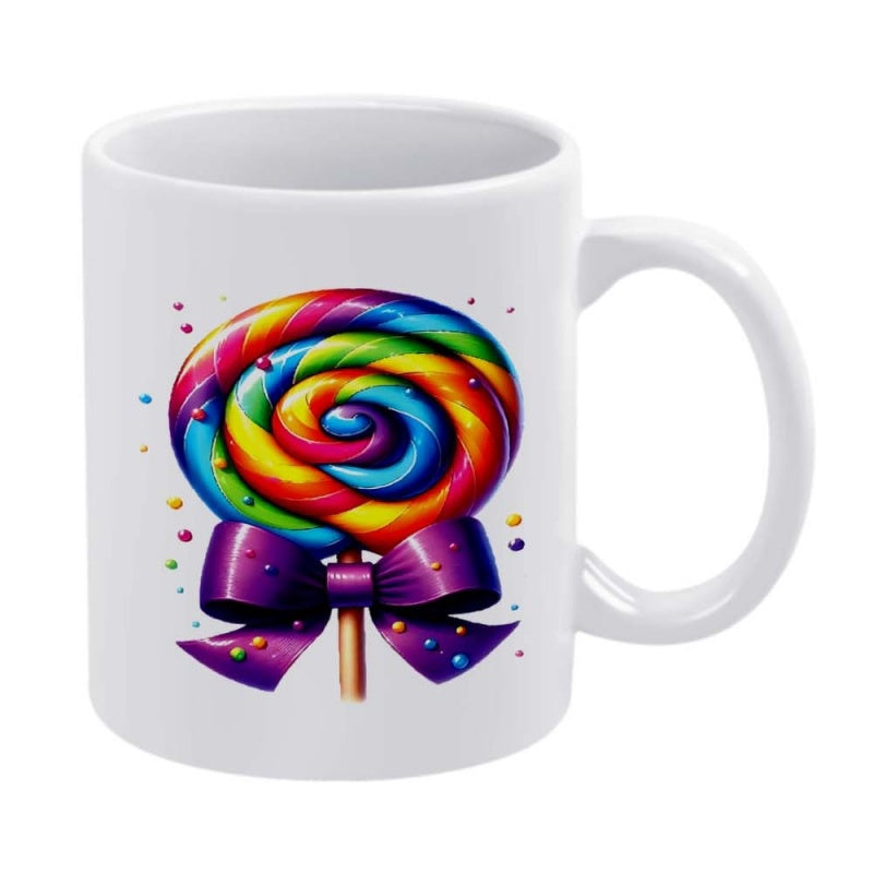 Tailorly White Ceramic 11 oz Mug - Vibrant Rainbow Swirl Sweets With Decorative Purple Ribbon And Colorful Sprinkles Lollipop