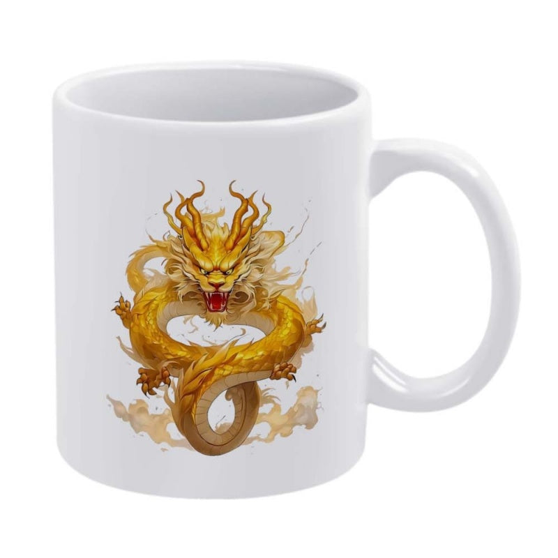 Tailorly White Ceramic 11 oz Mug - Majestic Golden Coiling Body With Intricate Scales Among Mystical Clouds Dragon