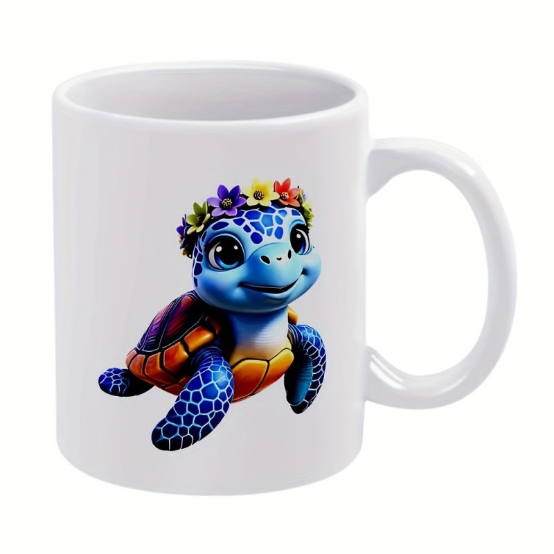 Tailorly White Ceramic 11 oz Mug - Adorable Blue Sea Wearing A Bright Multicolored Spring Flower Crown Turtle