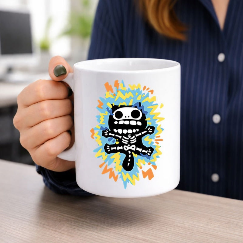 Tailorly White Ceramic 11 oz Mug - Stylized Electrified Animal With Visible Skeleton Among Vibrant Jagged Colorful Sparks Cat