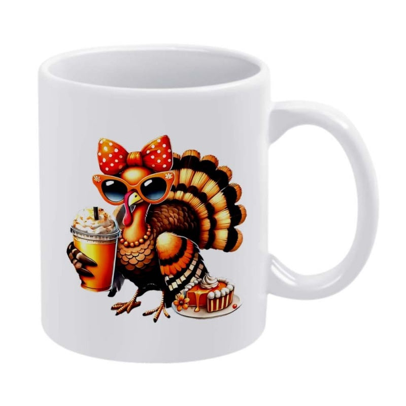 Tailorly White Ceramic 11 oz Mug - Fashionable Autumn Bird Wearing Polka Dot Bow Holding Warm Festive Beverage Turkey