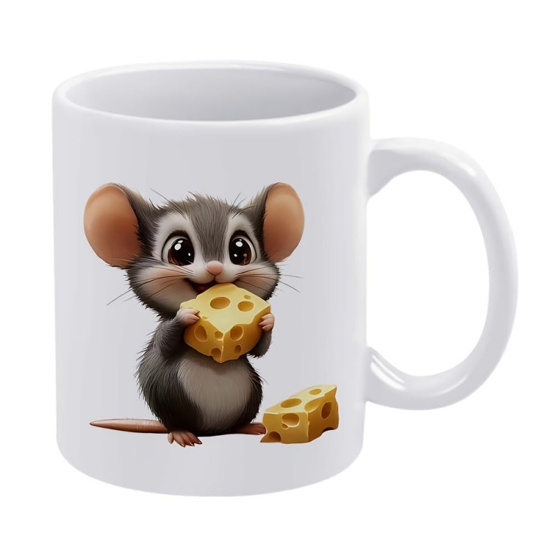 Tailorly White Ceramic 11 oz Mug - Small Cute Fluffy Grey Rodent Eating Tasty Yellow Swiss Hole Cheese Mouse