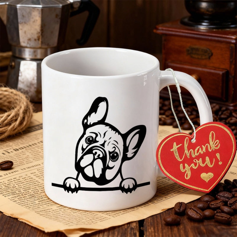Tailorly White Ceramic 11 oz Mug - Thank You Minimalist Black Ink Illustration Of A Peeking Cute Frenchie Bulldog