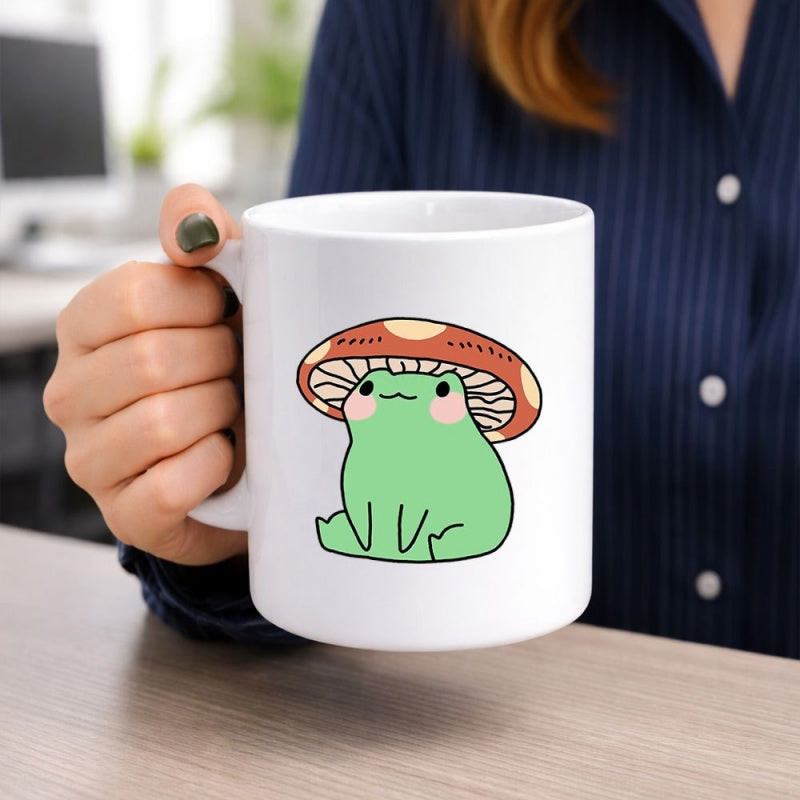 Tailorly White Ceramic 11 oz Mug - Adorable Sitting Small Green Forest Creature Wearing Whimsical Red Spotted Mushroom Cap Frog