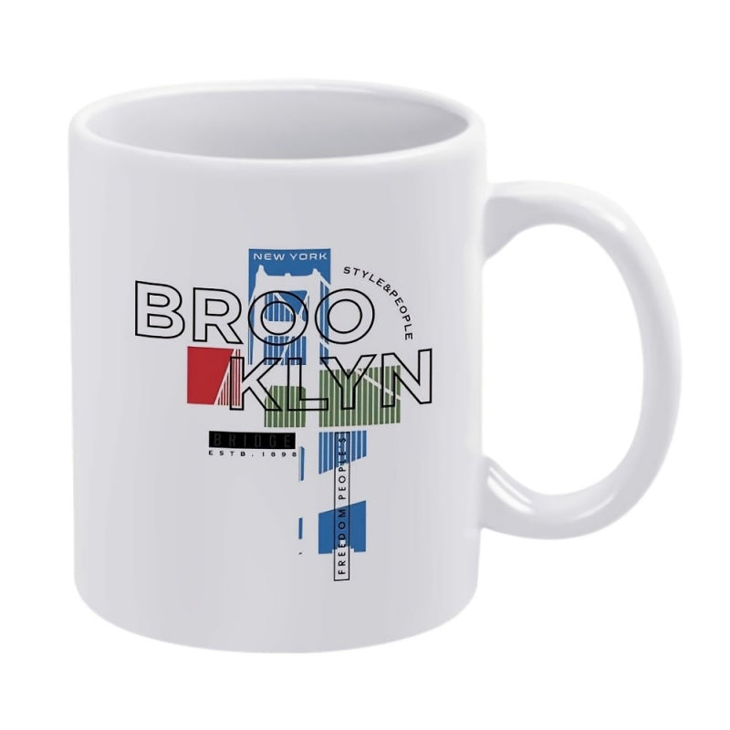 Tailorly White Ceramic 11 oz Mug - Brooklyn New York Style People Abstract Geometric Shapes Combined With Iconic Bridge Silhouette Cityscape