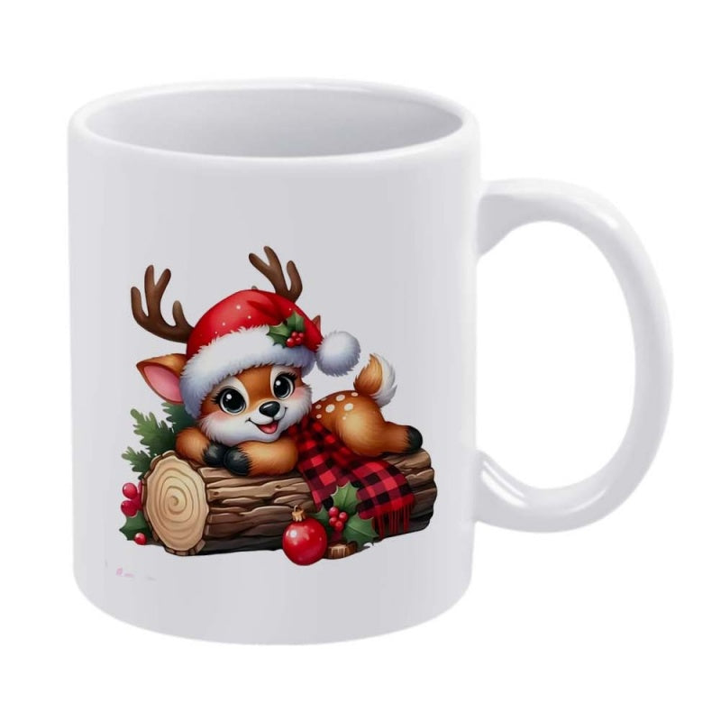 Tailorly White Ceramic 11 oz Mug - Festive Cartoon Reindeer Wearing Santa Hat Resting On Log With Scarf Reindeer