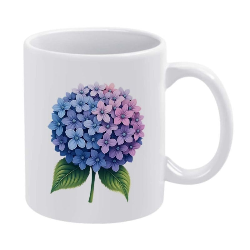 Tailorly White Ceramic 11 oz Mug - Vibrant Blue And Purple Flower Petals With Lush Green Leaves Hydrangea
