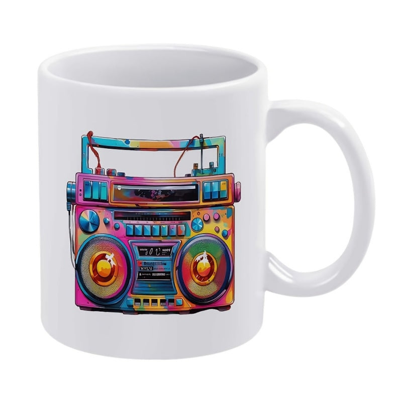Tailorly White Ceramic 11 oz Mug - Vibrant Retro Music Player Featuring Artistic Rainbow Watercolor Splashes Boombox