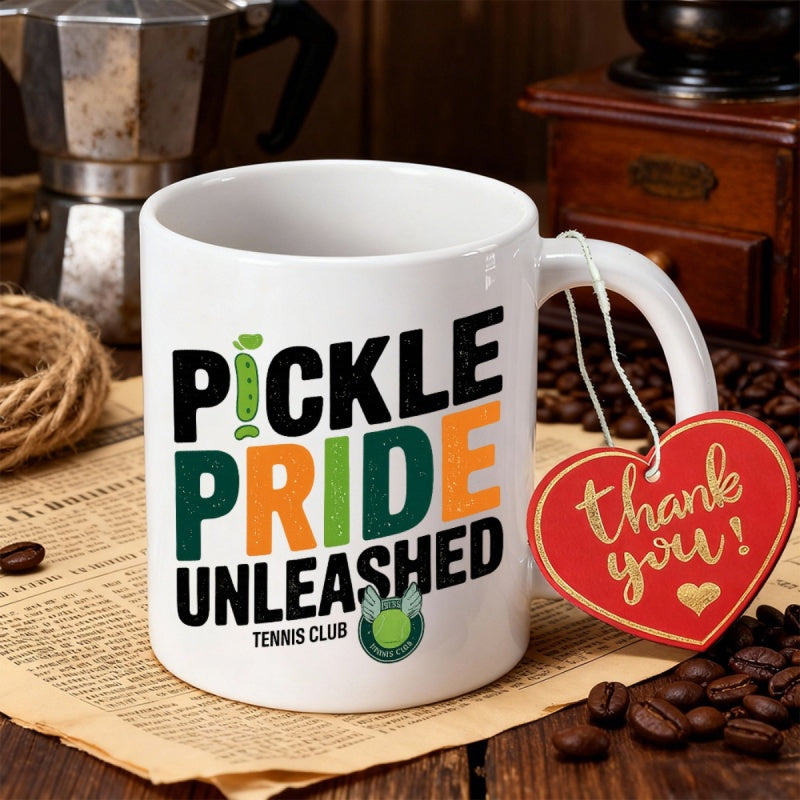 Tailorly White Ceramic 11 oz Mug - Pickle Pride Unleashed Tennis Club Bold Green Athletic Typography Featuring Vibrant Sports Themed Mug
