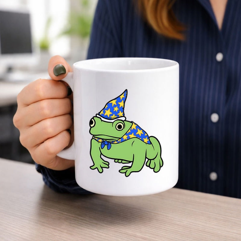 Tailorly White Ceramic 11 oz Mug - Whimsical Magical Little Green Amphibian Wearing Blue Starry Cloak And Hat Frog