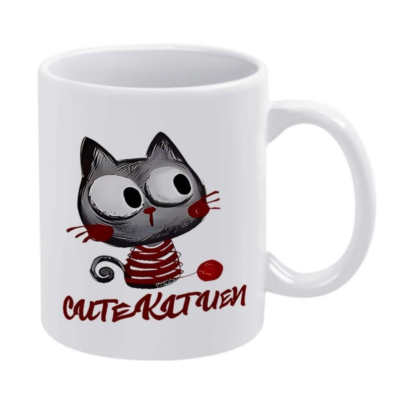 Tailorly White Ceramic 11 oz Mug - Cute Kitten Artistic Sketch Of A Grey Cartoon Cat Wearing Red Striped Sweater Kitten
